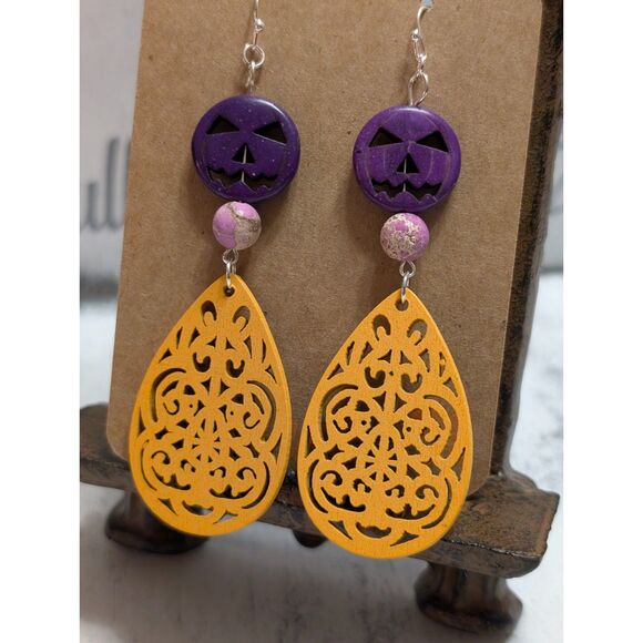 Purple Jack-O'-Lantern and Yellow Wood Filigree Earrings: - Picture 3 of 5